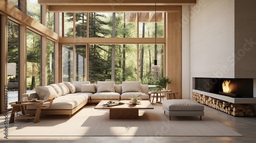 Modern interior architecture, large windows, bright sofa, garden view, luxurious finish