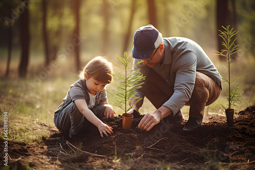 Family planting tree in garden