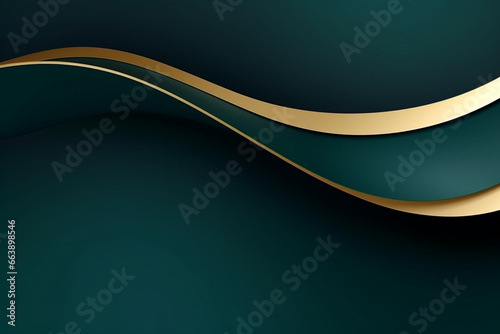 Abstract green background with golden wavy lines. 3d render illustration