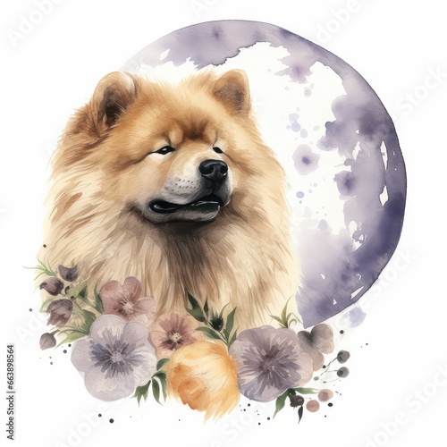 Chow chow dog with flower in the night Watercolor © akimtan