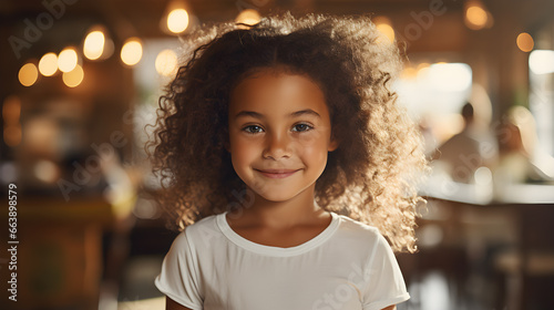 Detalles que encantan: Niña  latina bajo la luz del sol con cabello rizado y luz natural sonriente photo