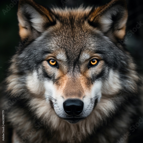 Close-up photo of wolf  scary predator in the forest.