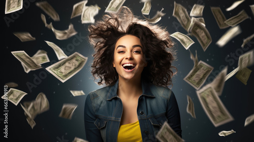 Attractive young woman stands under money fly rain. photo