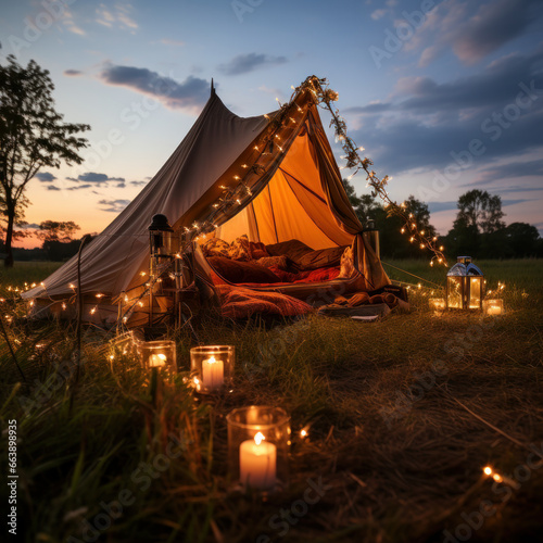 camping tent with shiny garland placed on green meadow in evening in nature,Ai generative