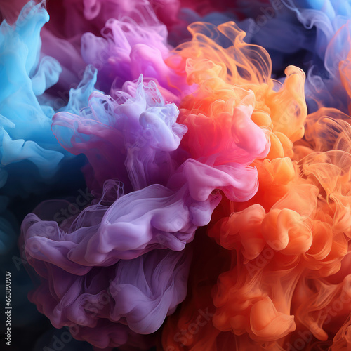 colorful abstract background of fantastic pink orange and blue smoke diffusing in air against black backdrop,Ai generative