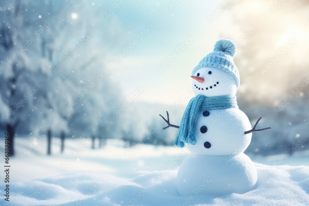 Obraz premium Happy snowman in knitted blue cap and scarf standing in winter landscape. Festive background with a lovely snowman. Merry Christmas and happy New Year greeting card with copy space