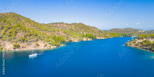 Fototapeta Naklejka Na Ścianę i Meble -  Bencik Bay drone view in Marmaris Town of Turkey