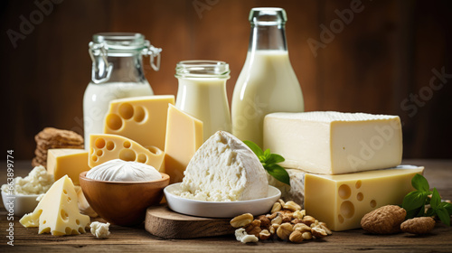 Various dairy products on wooden background