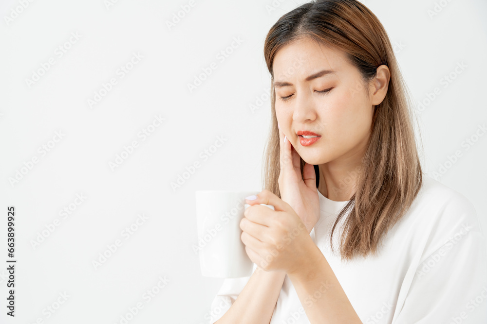 Asian woman feel toothache from gingivitis, female suffer tooth, decay problems, dental care. sensitive tooth, decay problem, bad breath, Gingival Recession, Oral Hygiene instruction