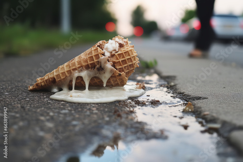 A dropped ice cream cone lies melting on a sidewalk, reflecting the minor shame and disappointment of the moment