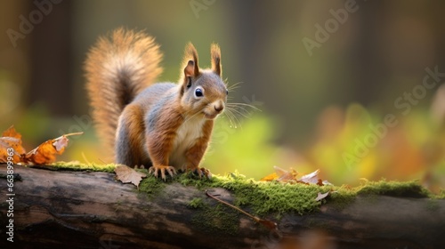 squirrel sat on a log with a green and brown background