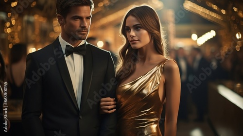 Sexy young elegant couple at the Party. Woman wearing golden dress and man in classic suit