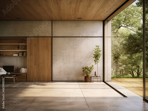 A Modern contemporary loft empty room with open door to garden 3d render The Rooms have concrete tile floors ,wooden plank ceiling, realistic renderings