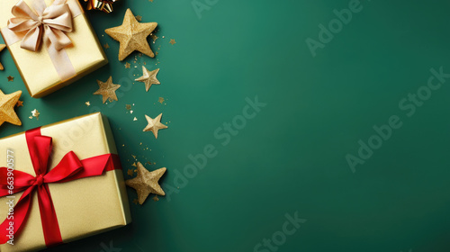 Green background with christmas decorative items such as red bow, gold gift box, gold star, green bow and gold bell, Festive Holiday Decorations, Top view © Nhan