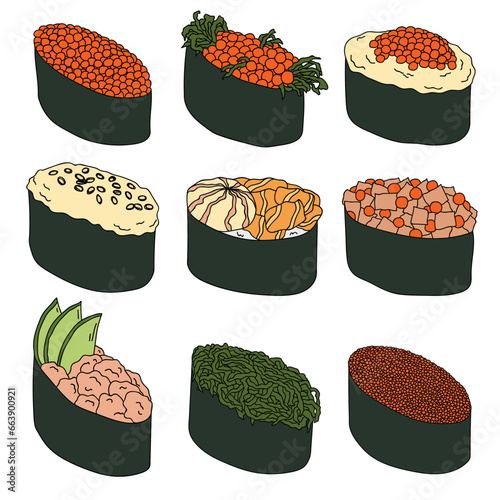 Hand drawn gunkan maki sushi clipart set. Japanese traditional cuisine dishes. Asian food