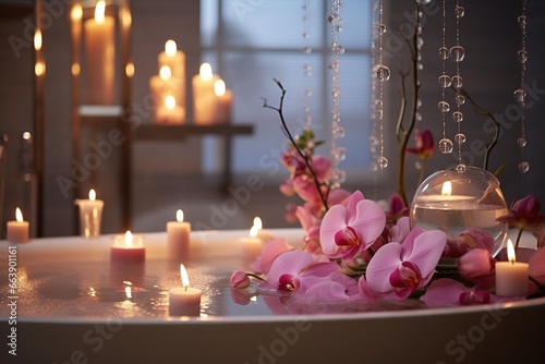 Luxury cozy bathroom retreat decorated with candles and orchids for Valentine's Day