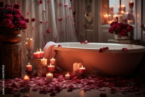 Romantic Valentines day decorated bathroom with rose petals and candles
