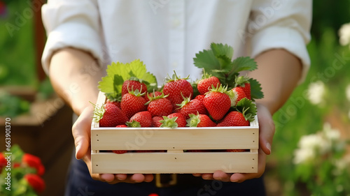 Gardener holds a square wooden box. Add fresh strawberries Big, tasty ones from a strawberry farm. Generative AI
