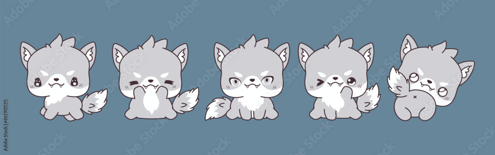 Set of Vector Cartoon Wolf Illustrations. Collection of Kawaii Isolated Animal Art for Stickers