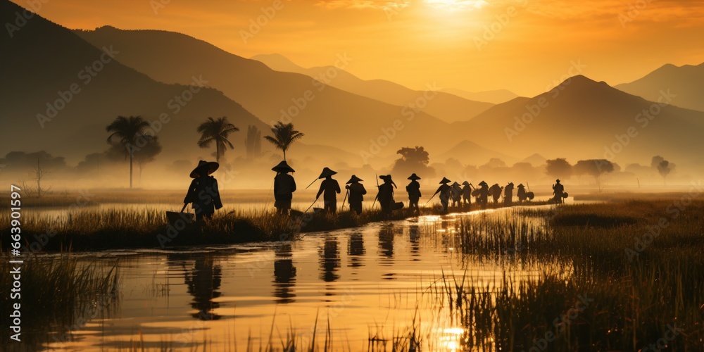 Obraz premium asian rice farmer, sunrise landscape