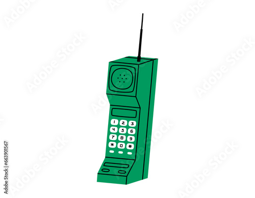Hand drawn cute cartoon illustration of retro cell mobile phone. Flat vector old mobile brick telephone with antenna sticker in colored doodle style. Call device icon or print. Isolated on white.