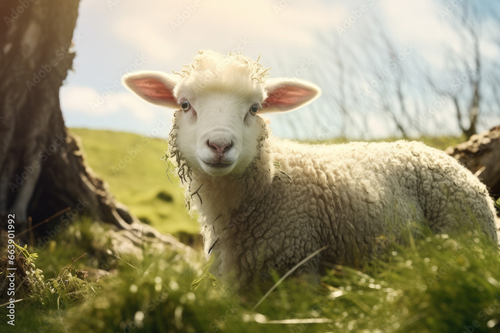 Obraz premium sheep is looking at you from its meadow on farm background.