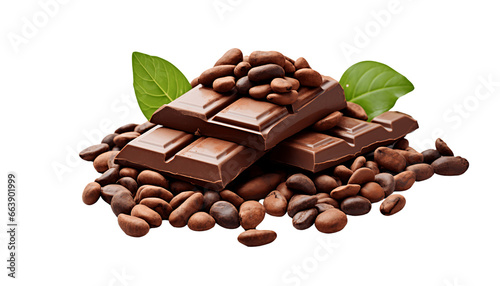 Stack of chocolate bars with beans and mint leaf on transparent background, dessert, snack, food