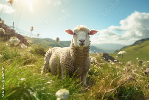 sheep is looking at you from its meadow on farm background.