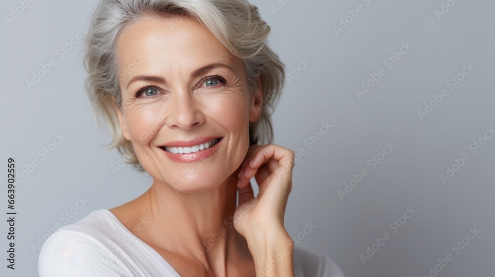Beautiful 50 year old woman with clean fresh skin on a light background. Facial care, cosmetology, beauty and spa concept Beautiful 50 year old woman with clean fresh skin on a light background. Facial care, cosmetology, beauty and spa concept