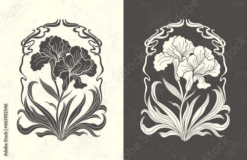 Frame with a iris flower in the style of Art Nouveau. Beautiful iris vintage floral composition 1920-1930 years.