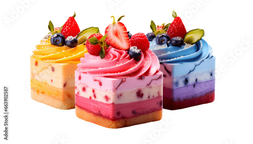 Cake collection with strawberry and blueberry decoration on top, transparent background