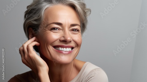 Beautiful 50 year old woman with clean fresh skin on a light background. Facial care, cosmetology, beauty and spa concept