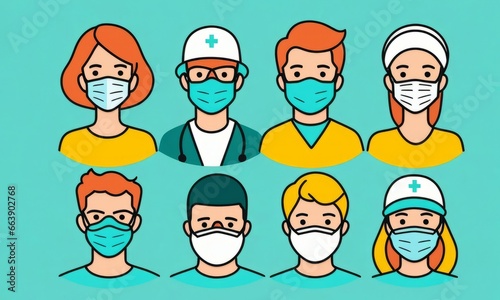 Icons, set of icons Man and Woman wearing medical face protection mask icon, face mask against coronavirus, allergy, pandemic epidemic infection and pollution concept, vector illustration icon. icons 