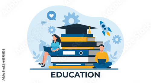 vector of students sitting on a pile of books learning, using laptops