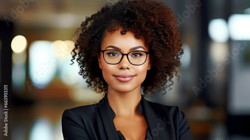 SMILING AFRICAN AMERICAN BUSINESSWOMAN, PROFESSIONAL MANAGER IN OFFICE. image created by legal AI © PETR BABKIN