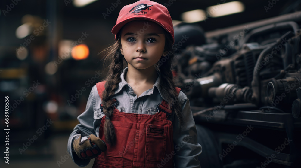 A little girl pretending to be a mechanic. The concept of children in adulthood. A little girl pretending to be a mechanic. The concept of children in adulthood.