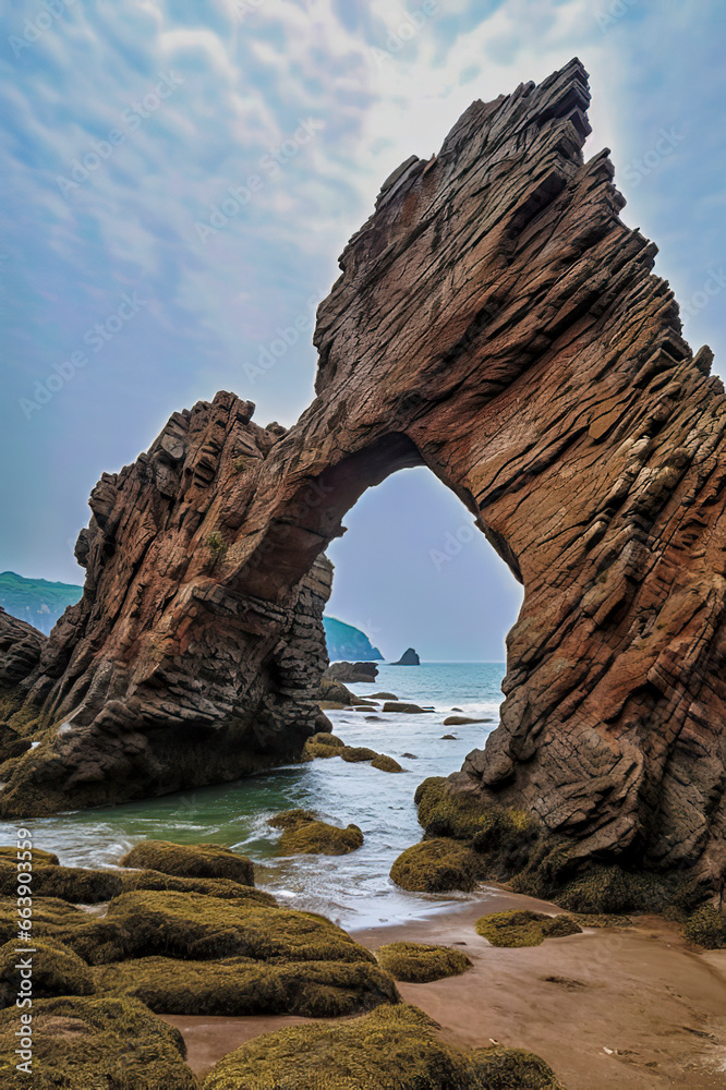 Obraz premium Majestic Rock Arch on a Serene Beach: A Testament to Nature’s Artistry, ai generative