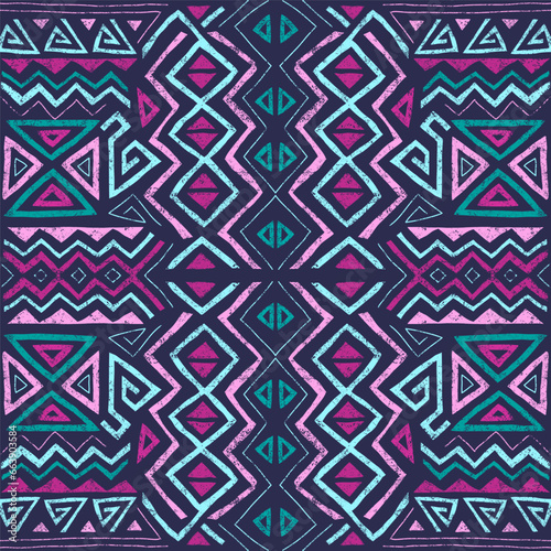 African ethnic seamless pattern in tribal style. Trendy abstract geometric background with grunge texture. Unique design elements for textile, banner, cover, wallpaper, wrapping 