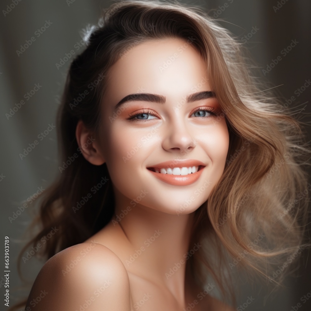 Obraz premium Beautiful Young Woman with Clean Fresh Skin touch own face . Facial treatment . Сoncept skin care cosmetics solution
