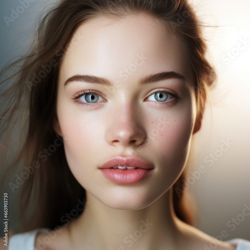 Beautiful Young Woman with Clean Fresh Skin touch own face . Facial treatment . Сoncept skin care cosmetics solution