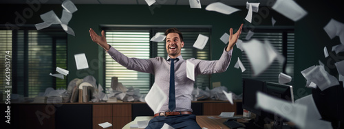 Happy businessman throwing papers in the air as a sign of victory and success in his work