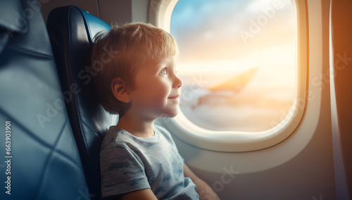 The child is sitting and looking out the window. At the airplane window.