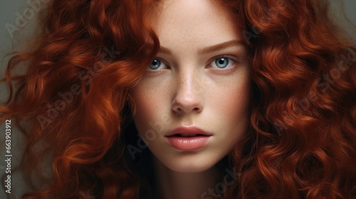 Close-up portrait of a beautiful woman with curly brown and reddish hair
