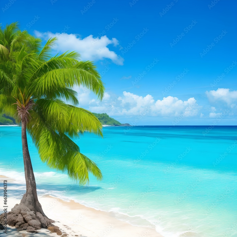 Beach with a beautiful coastline. Palm trees and caCaribbeanea. The color of the water is turquoise Little foaming waves generative AI