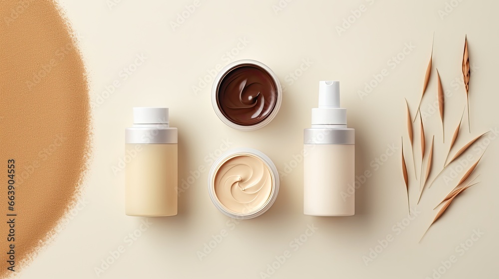 cosmetic smears of creamy texture on a beige background. Face care, Facial treatment, Cosmetology, beauty and spa concept - obrazy, fototapety, plakaty 