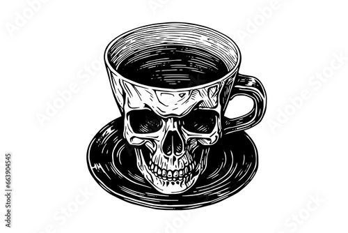 Skull cup with coffee hand drawn ink sketch. Engraved style vector illustration.