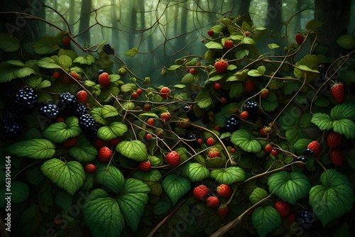 Produce an AI-rendered image of a tangled web of wild dewberries, with their trailing vines and clusters of dark, juicy fruits in a forest clearing photo