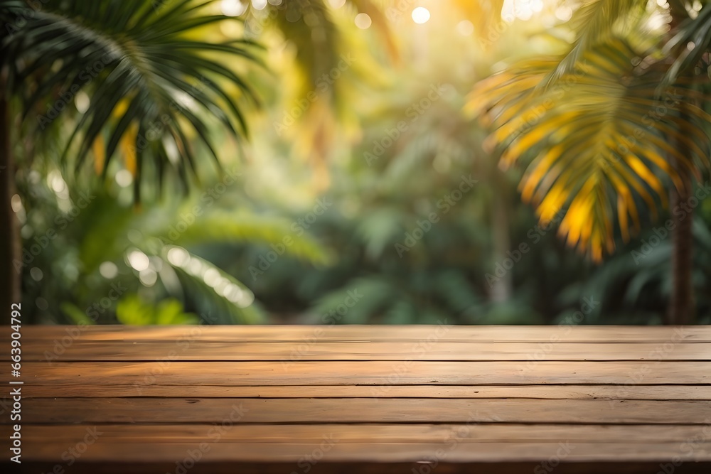 Empty wood table top with blur jungle background with bokeh light. Generative AI. Empty wood table top with blur jungle background with bokeh light. Generative AI.