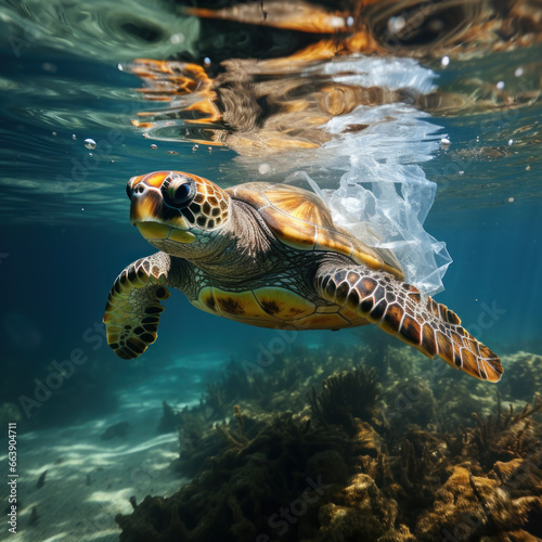 A marine creature  the sea turtle  battles against a plastic bag in its habitat. Plastic pollution poses a grave threat to underwater ecosystems and wildlife.
