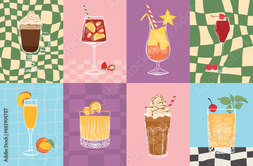 Set of cocktails. An illustration of classical drinks in different types of glasses. Vector illustration of popular cocktails. Banner with soft and alcohol drinks.